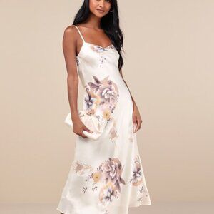 Lulus Certified Stunning Beige Satin Floral Lace-up Midi Dress - Size L